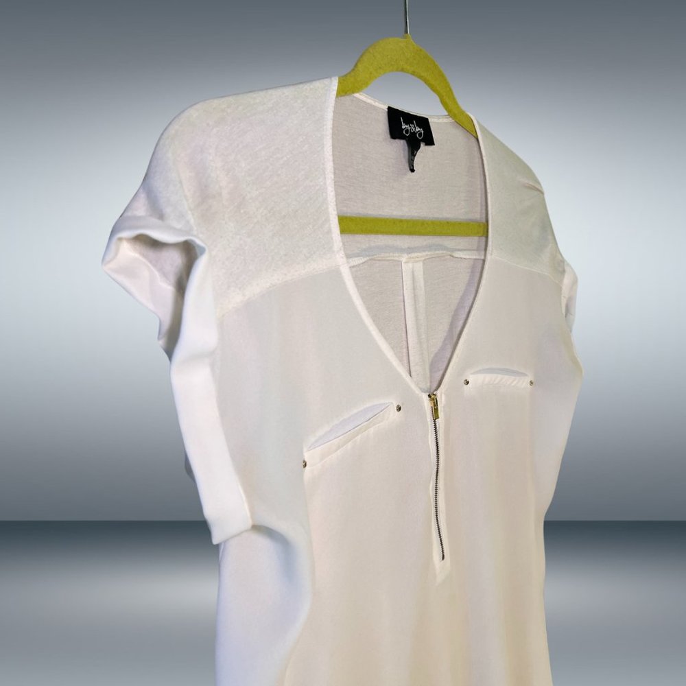 EggShell Rolled Short Sleeve Zip V-Neck Blouse - Opaque Silky Front, Knit Back